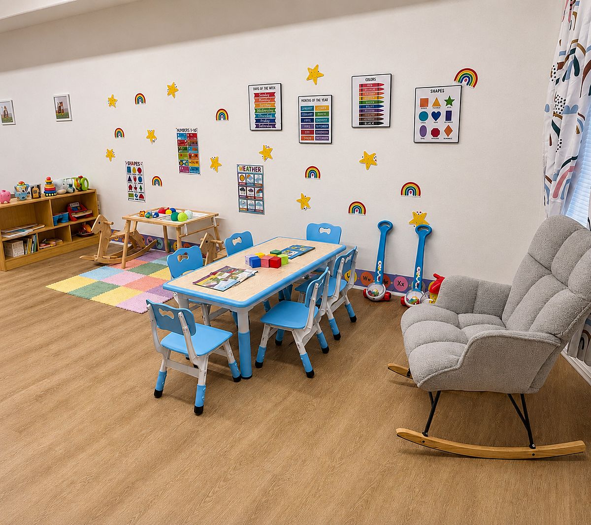 The ECU preschool room with learning charts and child-height tables